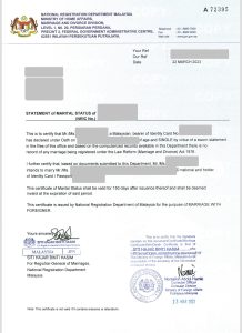 Single Status Certificate from Malaysia Sample